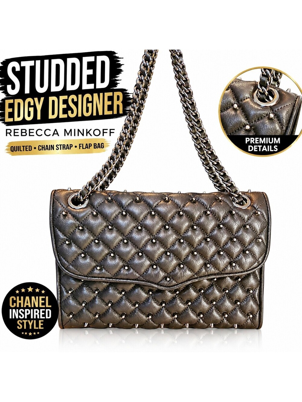Rebecca Minkoff Quilted Studded Chain Shoulder Bag Gunmetal Leather Flap Purse